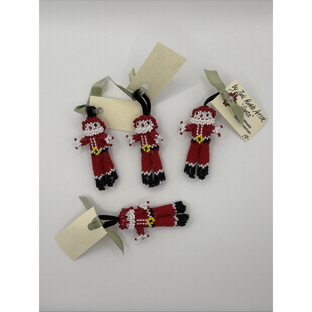 Lot of 4 Artisan Zuni Pueblo Beaded Santa Christmas Ornament 2.25" key fob